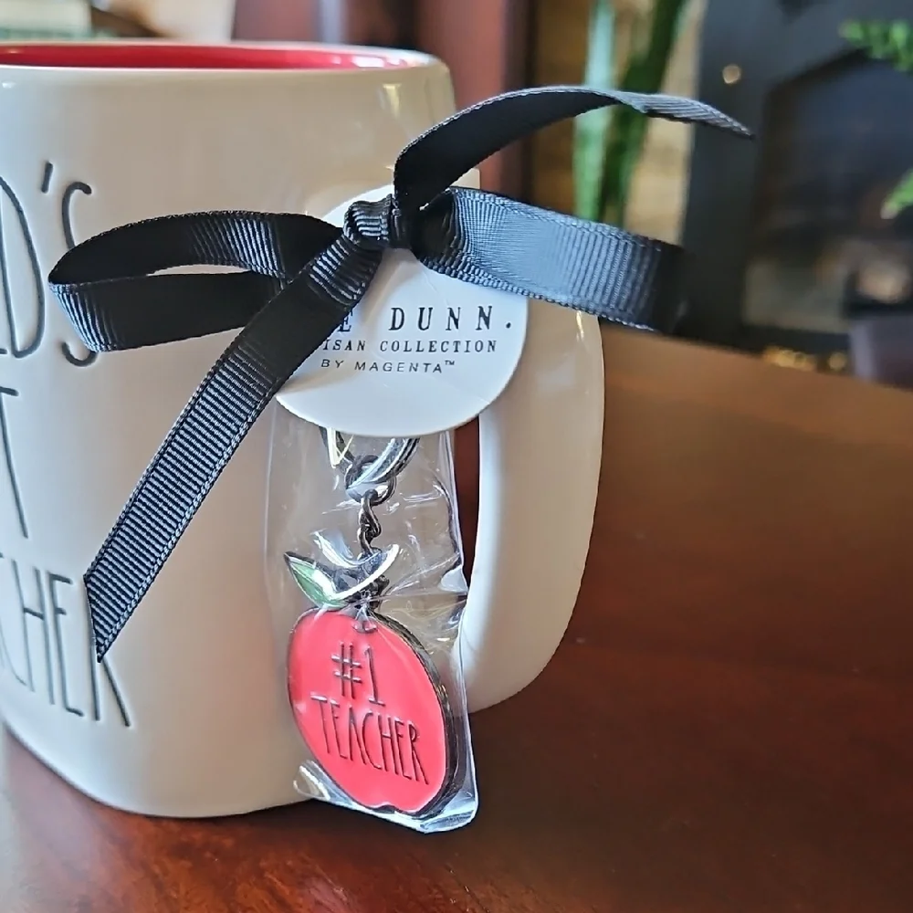 Rae Dunn World's Best Teacher Mug with Keychain Red Interior NWT